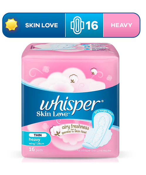 วิสเปอร์(Whisper) Whisper Skin Love วิสเปอร์ สกินเลิฟ ธิน เฮวี่ ผ้าอนามัย แบบมีปีก  28 ซม 16 แผ่น  
