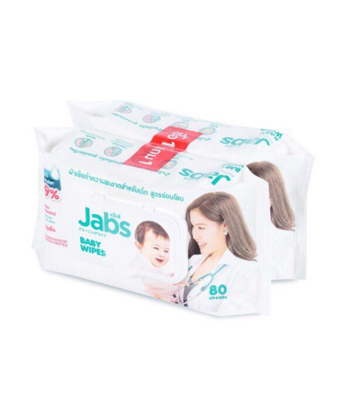แจ๊บส์ (Jabs) แจ๊บส์ เบบี้ไวพส์ (Jabs Baby Wipes) ผ้าเช็ดทำความสะอาดสำหรับเด็กสูตรอ่อนโยน 80แผ่น (แพ็ค 1 แถม 1)  