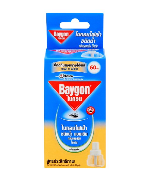 ไบกอน (Baygon) ไบกอน ผลิตภัณฑ์ไล่ยุงไฟฟ้าไร้ควันชนิดน้ำ กลิ่นบลอสซั่ม ชนิดเติม (60 คืน) 43.8มล.   