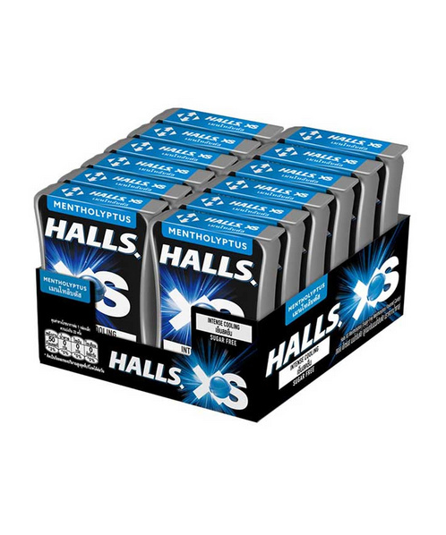 ฮอลล์(halls) Halls ฮอลล์ เอ็กซ์เอส ลูกอม ชูการ์ฟรี กลิ่นเมนโทลิปตัส 165.5 กรัม (13.8 กรัม x 12 ชิ้น)  
