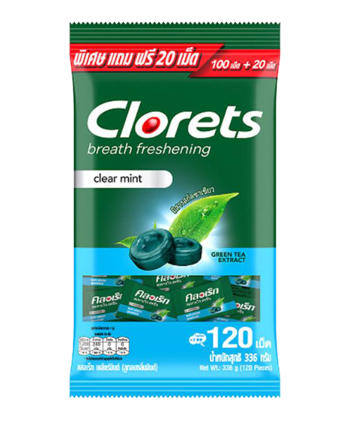คลอเร็ท(Clorets) Clorets คลอเร็ท ลูกอม  สูตรใหม่ กลิ่นเคลียร์มินต์ แบบถุง 120 เม็ด  