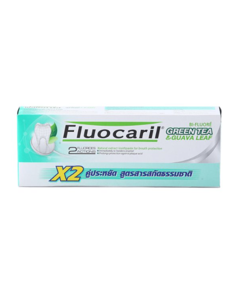 ฟลูโอคารีล (Fluocaril) ฟลูโอคารีล กรีนที & ใบฝรั่ง ยาสีฟันลดกลิ่นปากและคราบพลัค 160กรัม x 2 หลอด  