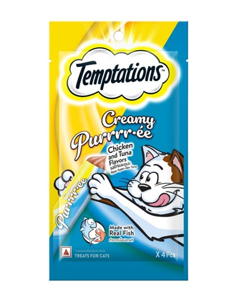 เทมเทชันส์(Temptation) Temptation เทมเทชันส์ ครีมมี่เพอเร่ ขนมแมวแบบเปียก รสไก่และทูน่า แพ็ค 4 ชิ้น/ห่อ  