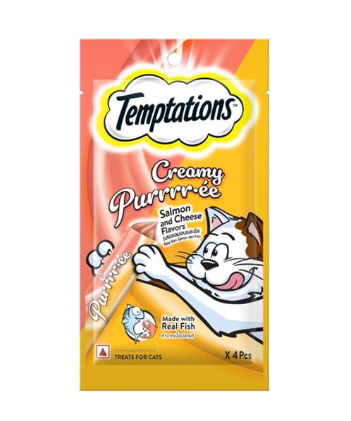 เทมเทชันส์(Temptation) Temptation เทมเทชันส์ ครีมมี่เพอเร่ ขนมแมวแบบเปียก รสแซลมอนและชีส แพ็ค 4 ชิ้น/ห่อ  