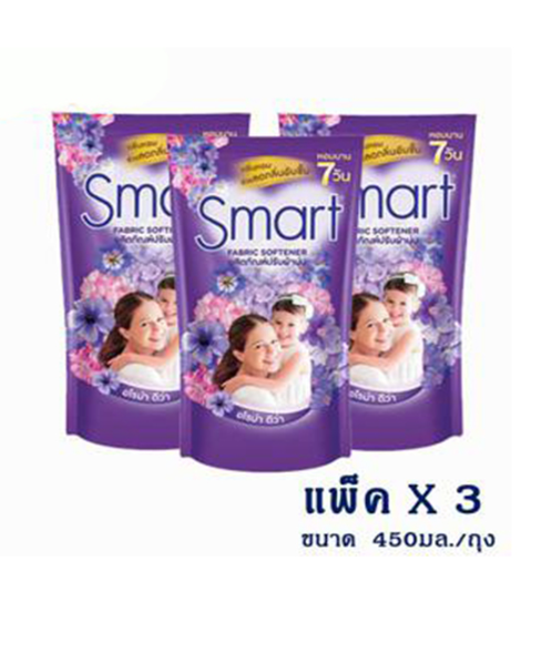 สมาร์ท (Smart) Smart สมาร์ท ผลิตภัณฑ์ปรับผ้านุ่ม กลิ่นอโรม่า ดีว่า สีม่วง  450 มล. (แพ็ค 3 ถุง)  - 