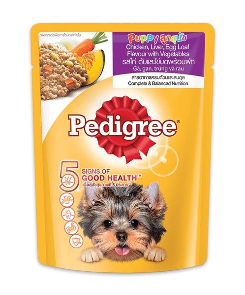 เพดดิกรี(Pedigree) Pedigree เพดดิกรี อาหารสำหรับลูกสุนัข แบบเปียก ไก่ ตับและไข่บด+ผัก ชนิดซอง 80 กรัม  