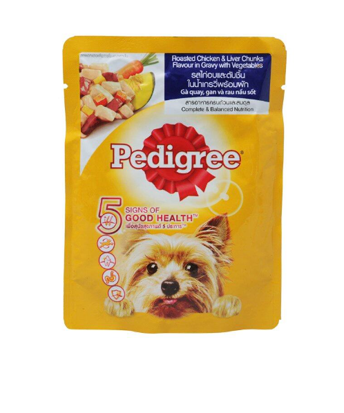เพดดิกรี(Pedigree) Pedigree เพดดิกรี อาหารสำหรับลูกสุนัข แบบเปียก ไก่อบและตับชิ้น+ผัก ชนิดซอง 80 กรัม  