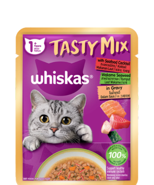 วิสกัส(Whiskas) Whiskas วิสกัส เทสตี้ มิกซ์ อาหารแมว ชนิดเปียก รสทะเลรวมมิตร และสาหร่ายวากาเมะในน้ำเกรวี่ 70 กรัม  