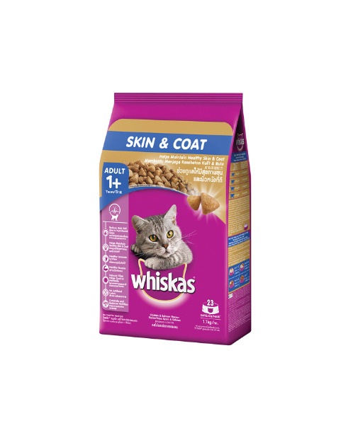 วิสกัส(Whiskas) Whiskas วิสกัส อาหารแมวชนิดเม็ด สูตรแมวโต ดูแลขนและผิวหนัง รสไก่และปลาแซลมอน 1.1 กก.   