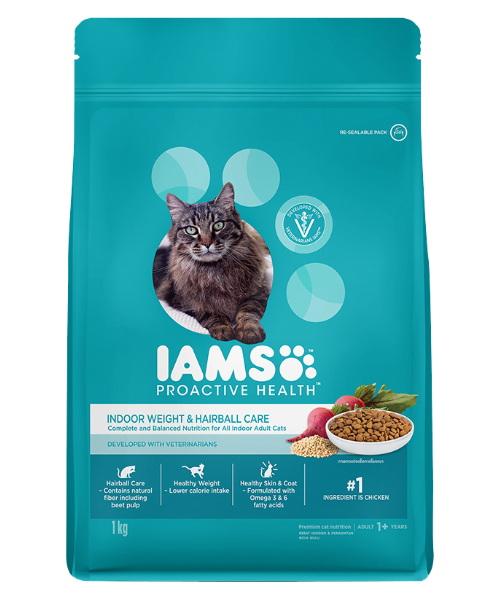 ไอแอมส์(IAMS) IAMS ไอแอมส์ อาหารแมว ชนิดแห้ง แบบเม็ด สูตร เลี้ยงในบ้าน และ บำรุงขน ขนาด 1 กก.  