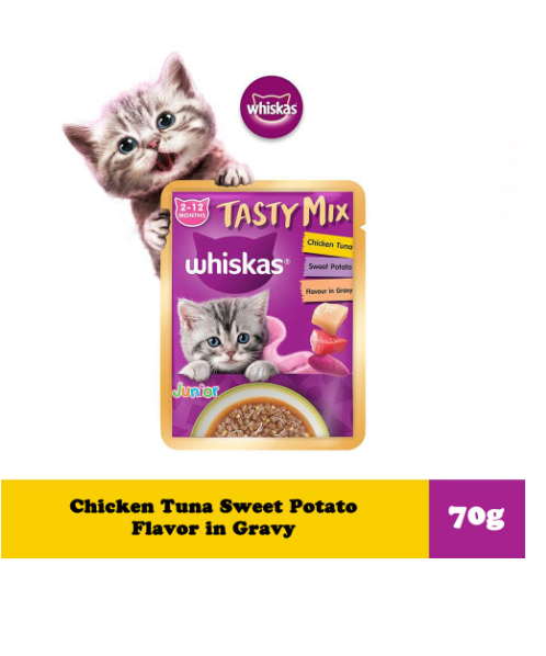 วิสกัส(Whiskas) Whiskas วิสกัส เทสตี้ มิกซ์ อาหารเปียกสำหรับแมว รสไก่ทูนา มันหวาน ในน้ำเกรวี่ 70 กรัม  