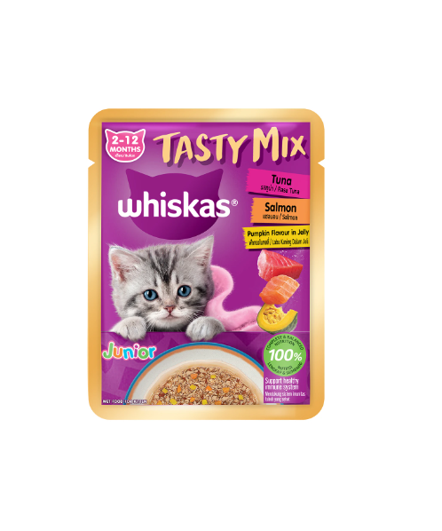 วิสกัส(Whiskas) Whiskas วิสกัส เทสตี้ มิกซ์ อาหารเปียกสำหรับแมว รสทูน่า คัทสึโอะบูชิ แครอทในเจลลี่ 70 กรัม  