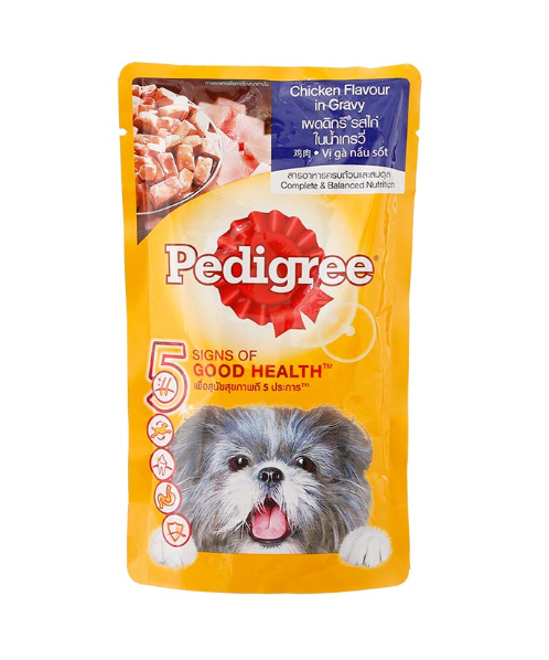 เพดดิกรี(Pedigree) เพดดิกรี เพาซ์ อาหารสุนัขชนิดเปียก รสไก่ชิ้นในน้ำเกรวี่ แบบซอง 130กรัม   