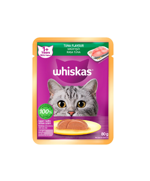 วิสกัส(Whiskas) whiskas วิสกัส ปลาทูน่า อาหารแมวแบบเปียก แบบซอง สำหรับแมว 1 ปีขึ้นไป 80 กรัม   