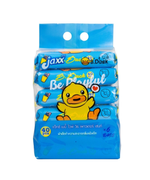 แจ็กซ์ (Jaxx) Jaxx  แจ็กซ์ B.Duck  ทิชชู่เปียก กลิ่นแป้งเด็ก-สีฟ้า (แพ็ค 6 ห่อ)  