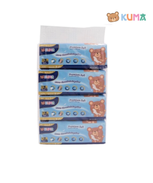 คุมะ(Kuma) Kuma Premium Soft คุมะ พรีเมี่ยม ซอฟท์ กระดาษทิชชู่เช็ดหน้า 150 แผ่น/ห่อ (1 แพ็ค มี 4 ห่อ)  