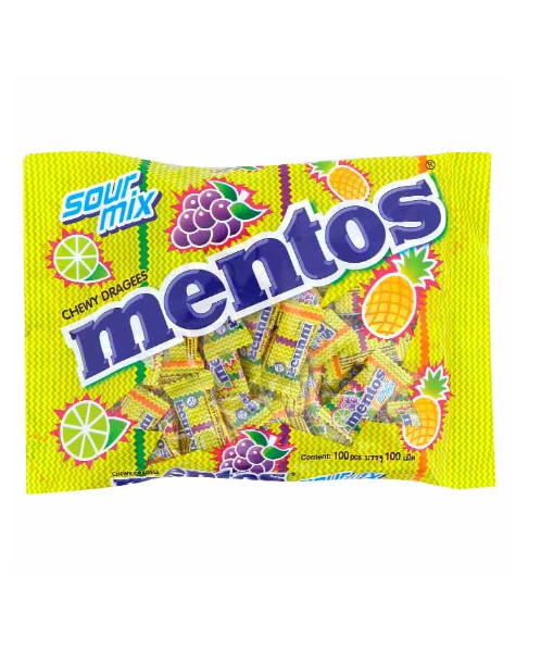 เมนทอส (Mentos) mentos เมนทอส ลูกอม รสซาวร์มิกซ์-Sour mix 1 ห่อ (บรรจุ 100 เม็ด)  