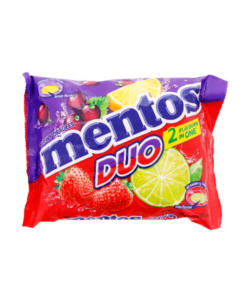 เมนทอส (Mentos) mentos เมนทอส ลูกอม ดูโอ-DUO 1 ห่อ (บรรจุ 100 เม็ด)  