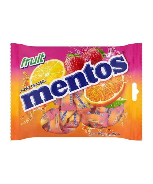 เมนทอส (Mentos) mentos เมนทอส ลูกอม รสผลไม้-Fruit  1 ห่อ (บรรจุ 100 เม็ด)  